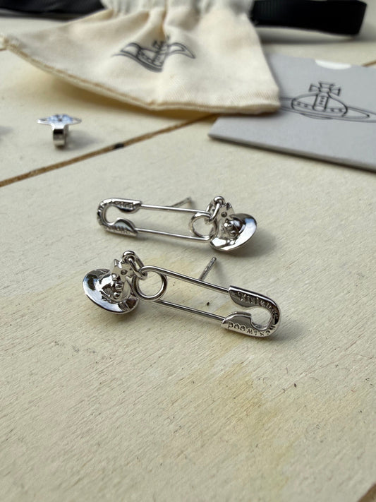 VW Safety Pin 925 Silver Orb Earrings Pre-owned